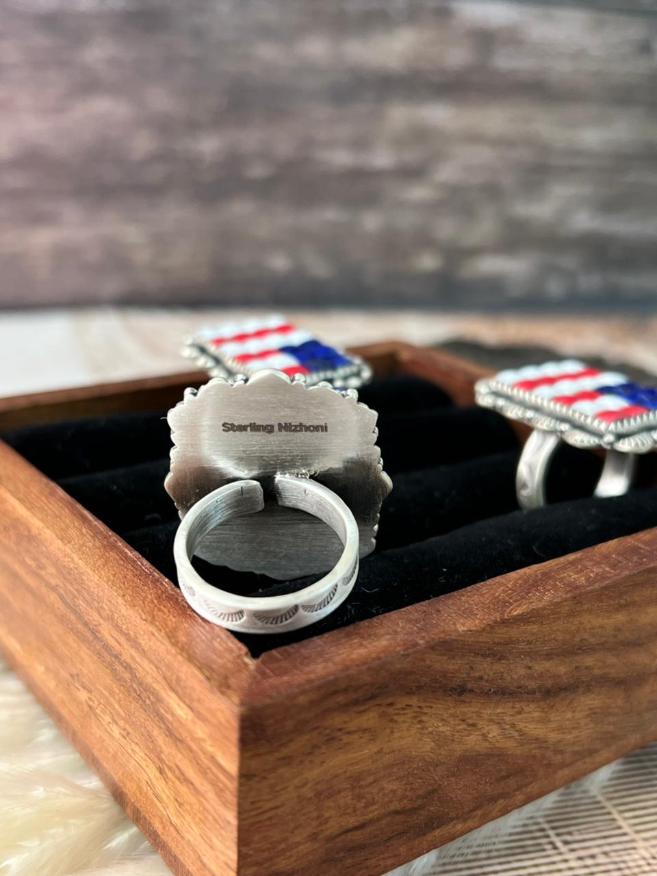 Handmade Sterling Silver 4th Of July Collection: Rosarita with Lapis and White Buffalo Heart Adjustable Ring "Signed Nizhoni"
