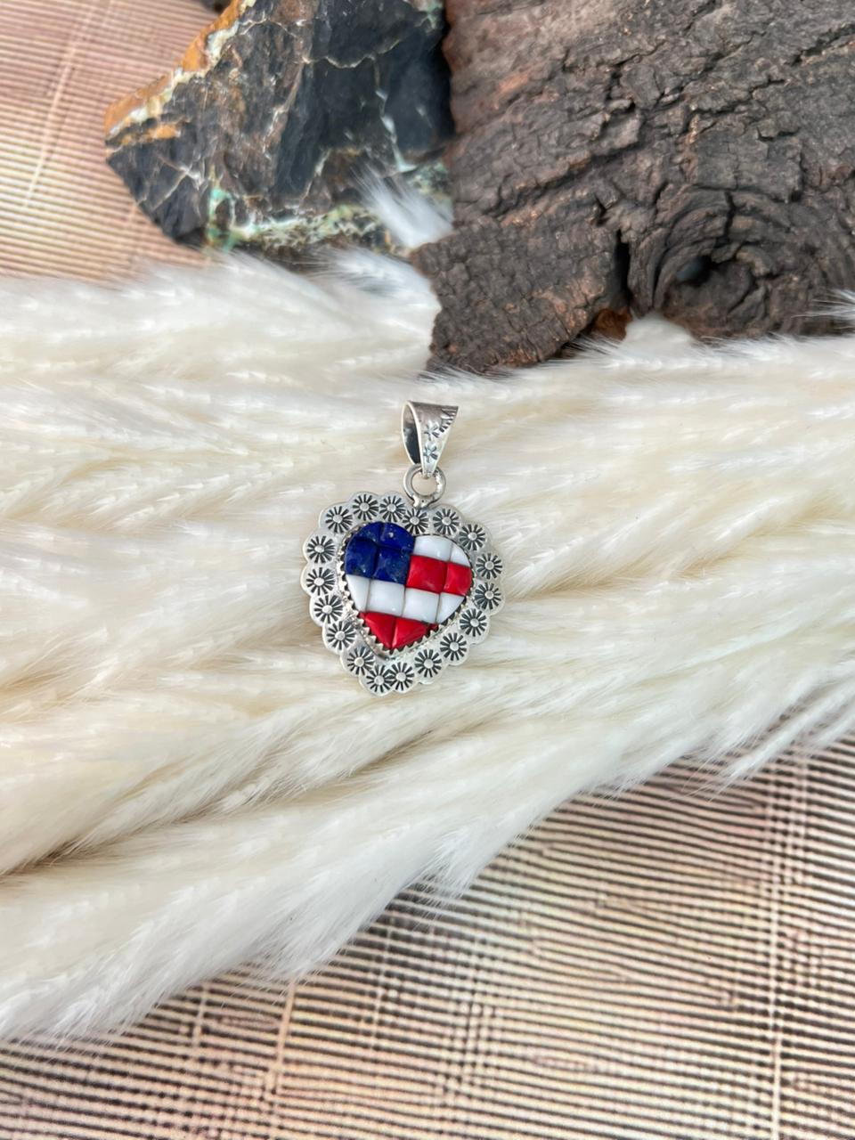 Handmade Sterling Silver 4th Of July Collection: Rosarita with Lapis and White Buffalo Heart Pendant "Signed Nizhoni"
