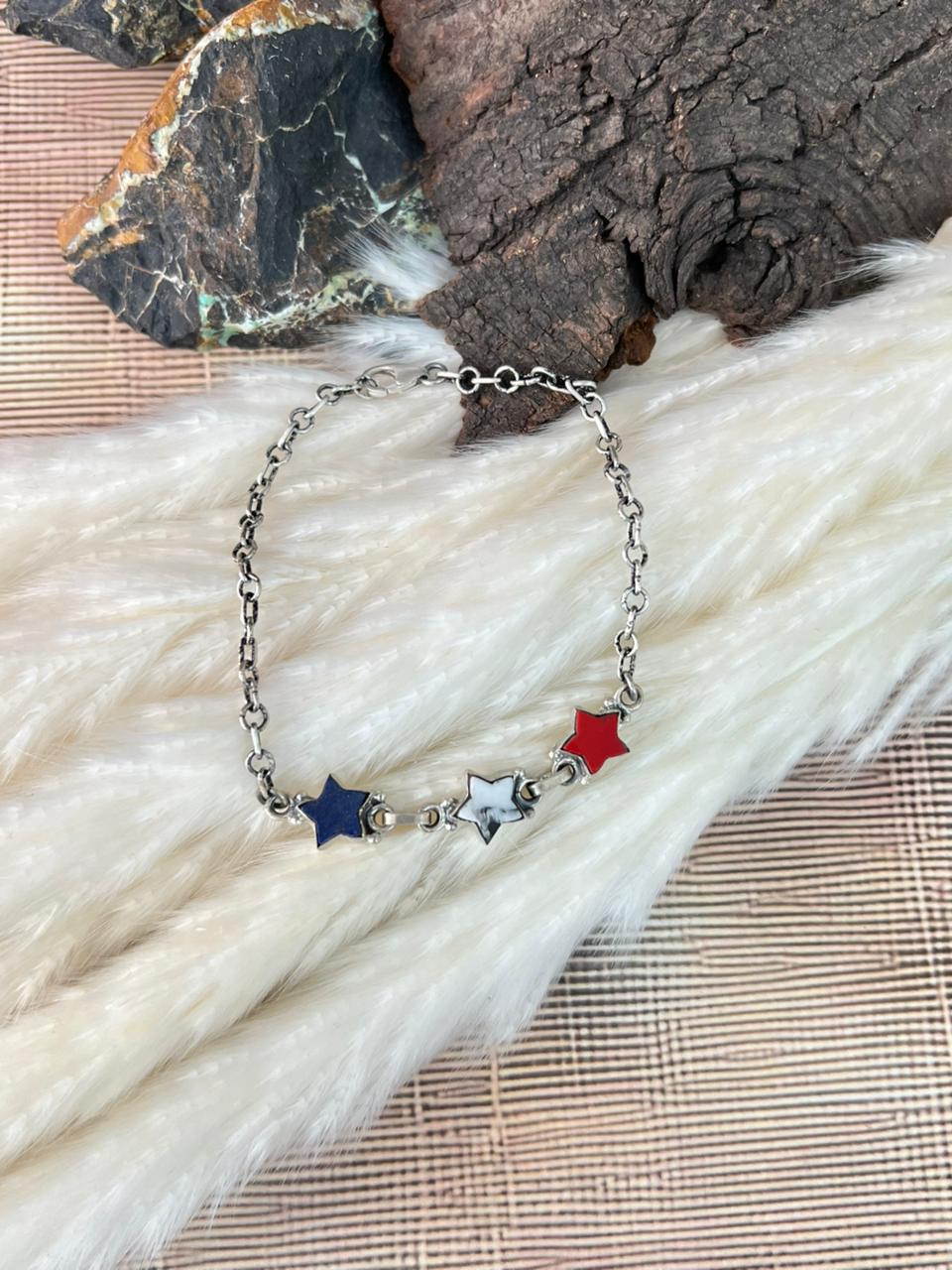 Handmade Sterling Silver 4th Of July Collection: Rosarita with Lapis and White Buffalo Star Bracelet "Signed Nizhoni"