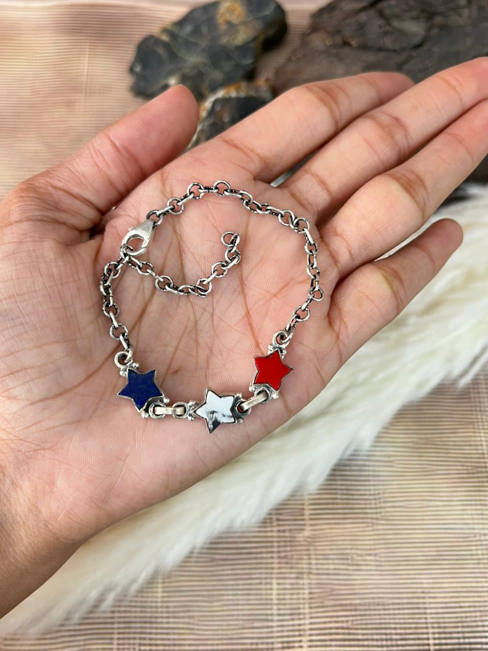 Handmade Sterling Silver 4th Of July Collection: Rosarita with Lapis and White Buffalo Star Bracelet "Signed Nizhoni"