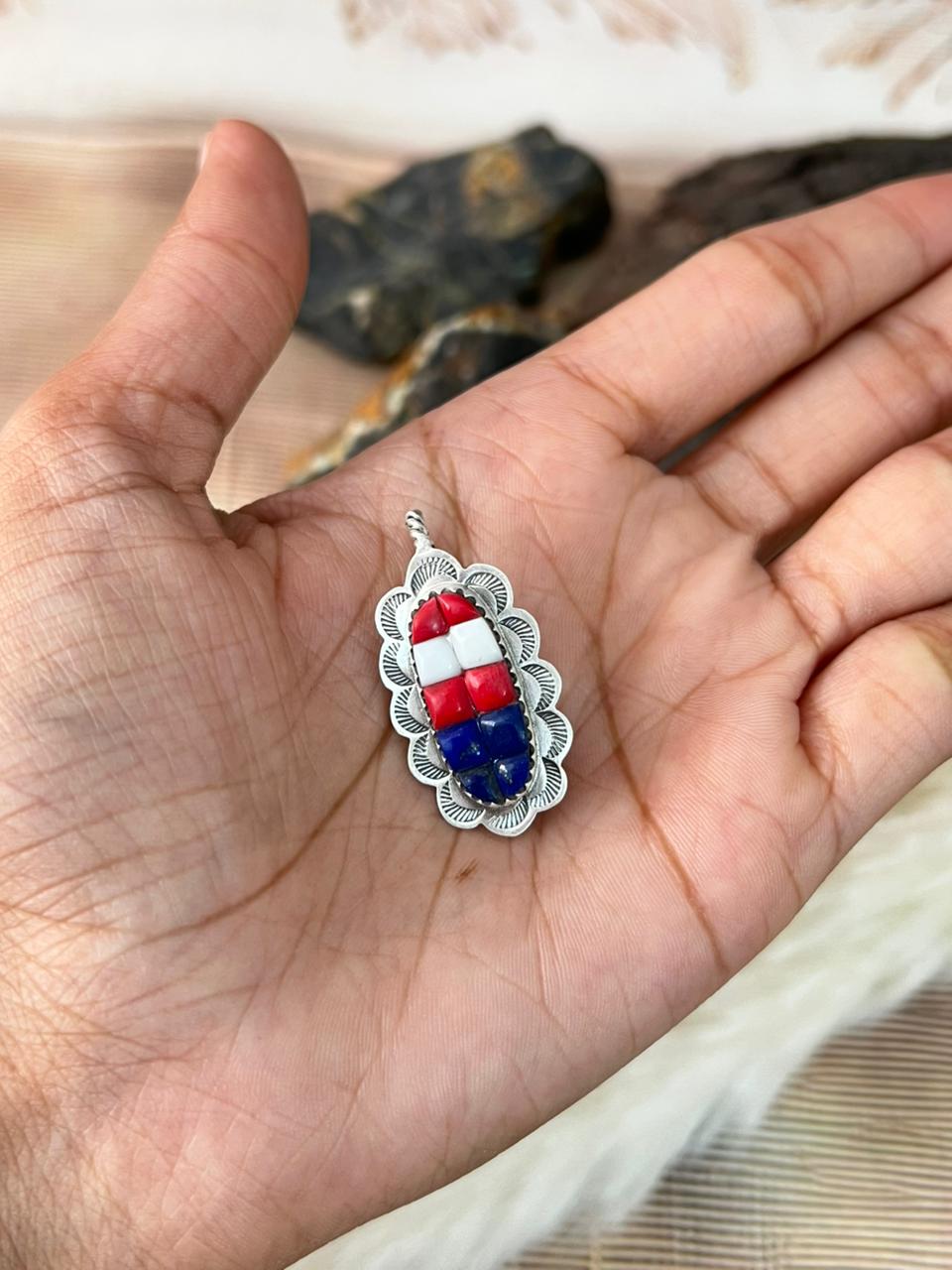 Handmade Sterling Silver 4th Of July Collection: Rosarita with Lapis and White Buffalo Hat Pin "Signed Nizhoni"