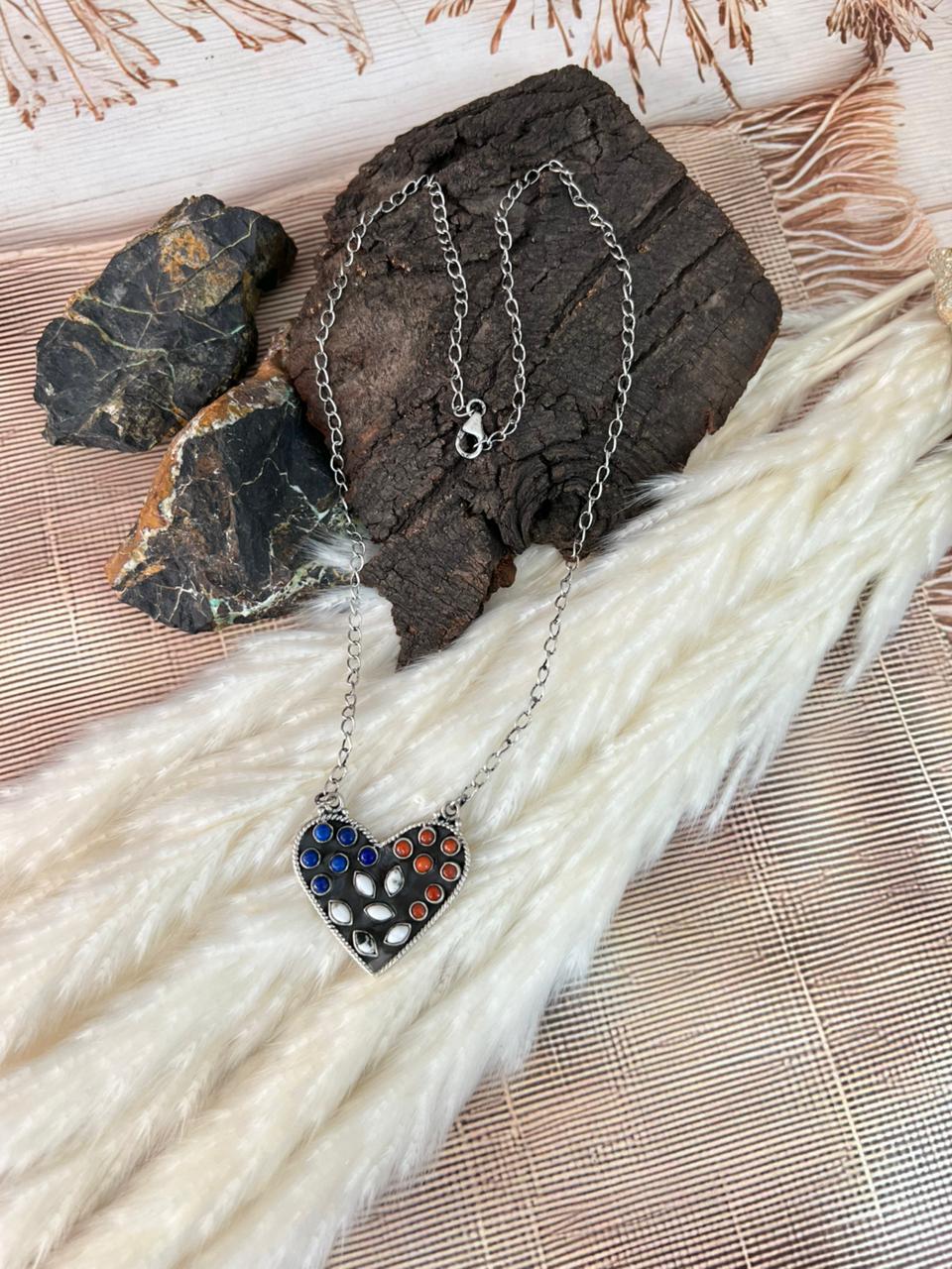 Handmade Sterling Silver 4th Of July Collection: Coral with Lapis and White Buffalo Heart Necklace "Signed Nizhoni"