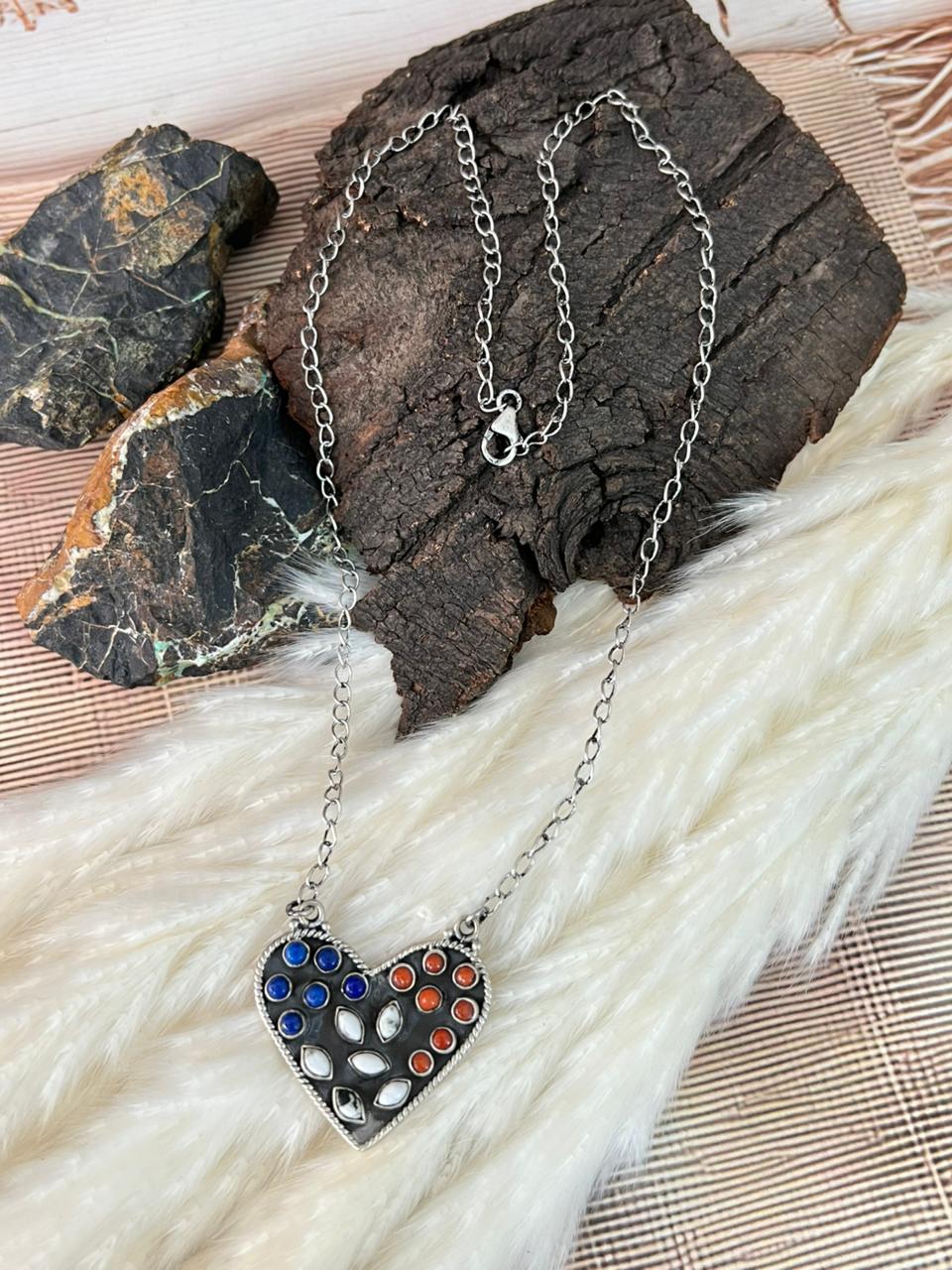 Handmade Sterling Silver 4th Of July Collection: Coral with Lapis and White Buffalo Heart Necklace "Signed Nizhoni"