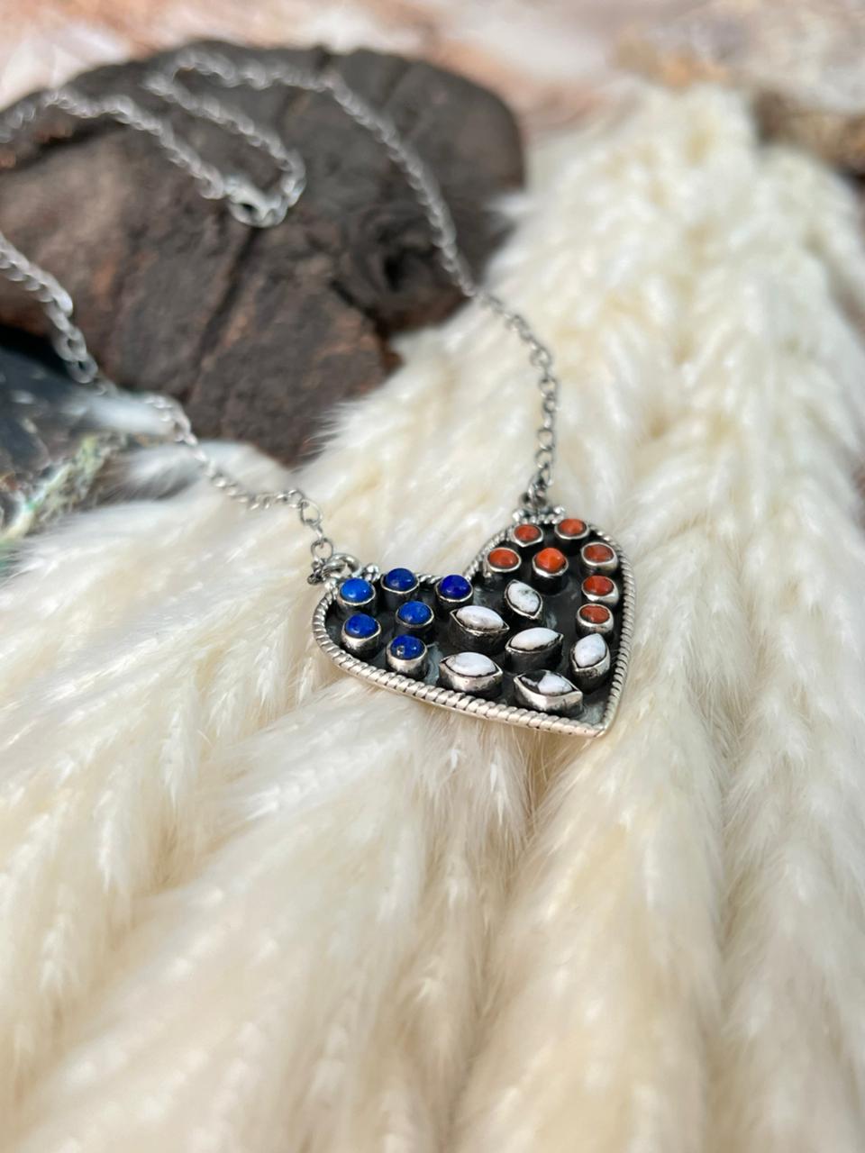 Handmade Sterling Silver 4th Of July Collection: Coral with Lapis and White Buffalo Heart Necklace "Signed Nizhoni"