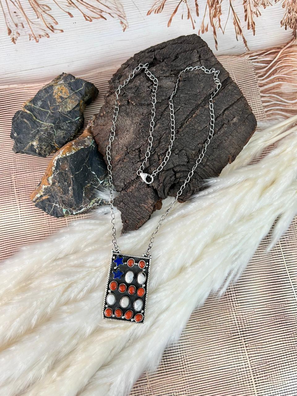 Handmade Sterling Silver 4th Of July Collection: Coral with Lapis and White Buffalo Necklace "Signed Nizhoni"