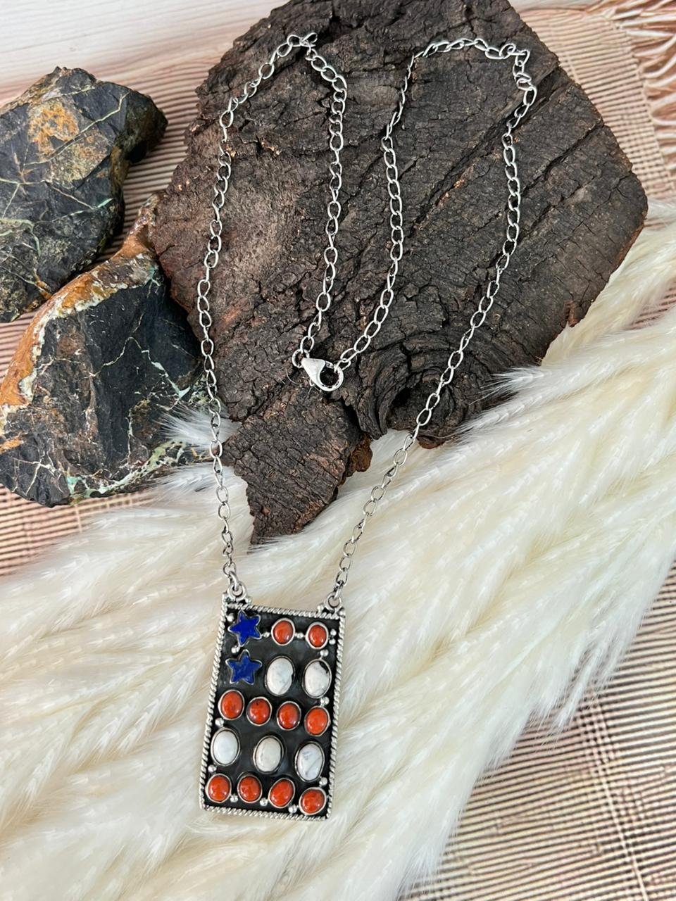 Handmade Sterling Silver 4th Of July Collection: Coral with Lapis and White Buffalo Necklace "Signed Nizhoni"