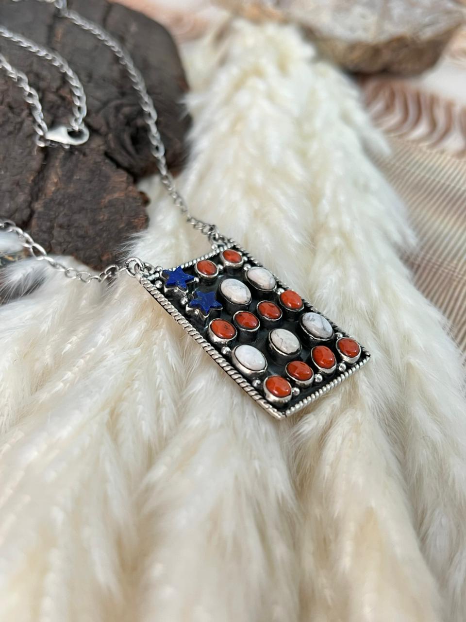 Handmade Sterling Silver 4th Of July Collection: Coral with Lapis and White Buffalo Necklace "Signed Nizhoni"