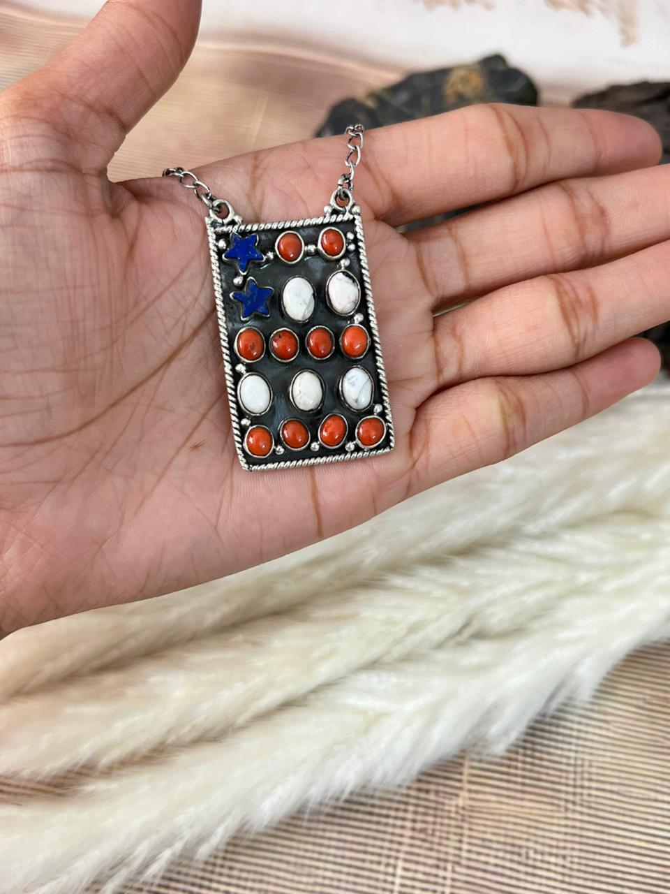 Handmade Sterling Silver 4th Of July Collection: Coral with Lapis and White Buffalo Necklace "Signed Nizhoni"