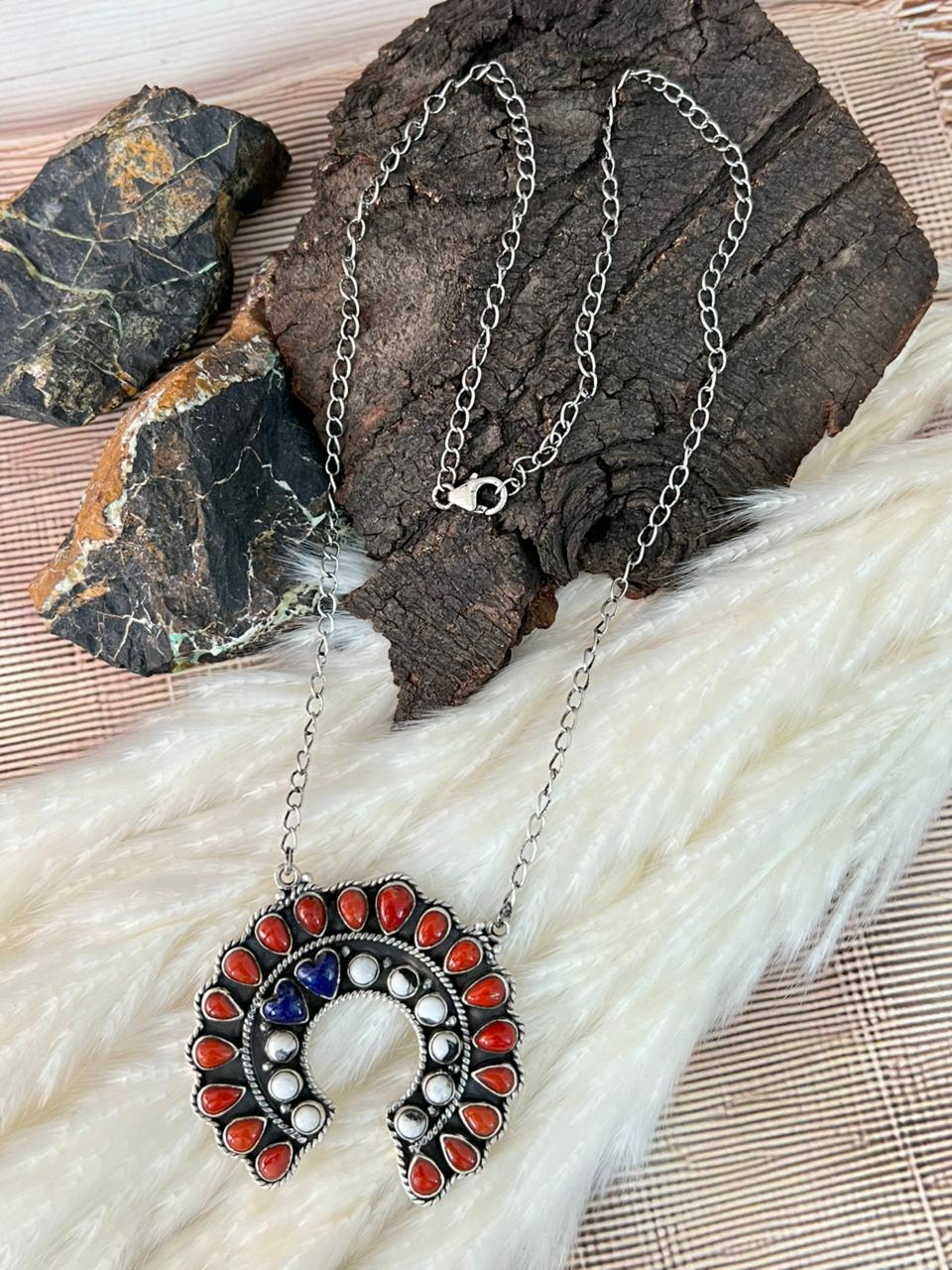 Handmade Sterling Silver 4th Of July Collection: Coral with Lapis and White Buffalo Naja Necklace "Signed Nizhoni"