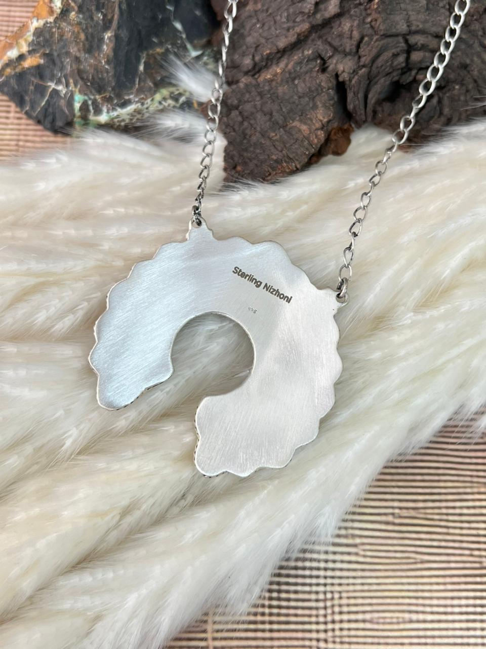 Handmade Sterling Silver 4th Of July Collection: Coral with Lapis and White Buffalo Naja Necklace "Signed Nizhoni"