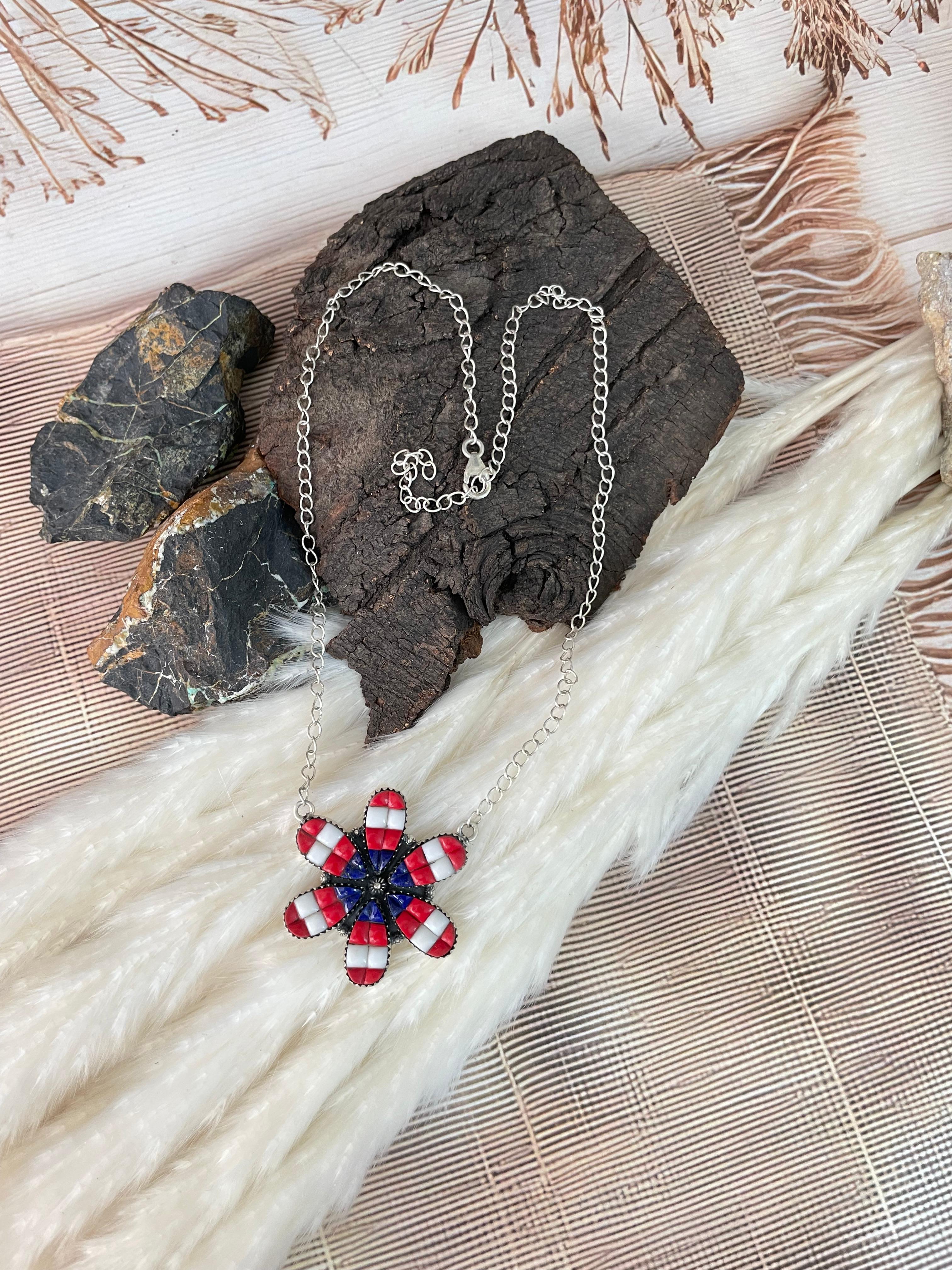 Handmade Sterling Silver 4th Of July Collection: Rosarita with Lapis and White Buffalo Necklace "Signed Nizhoni"