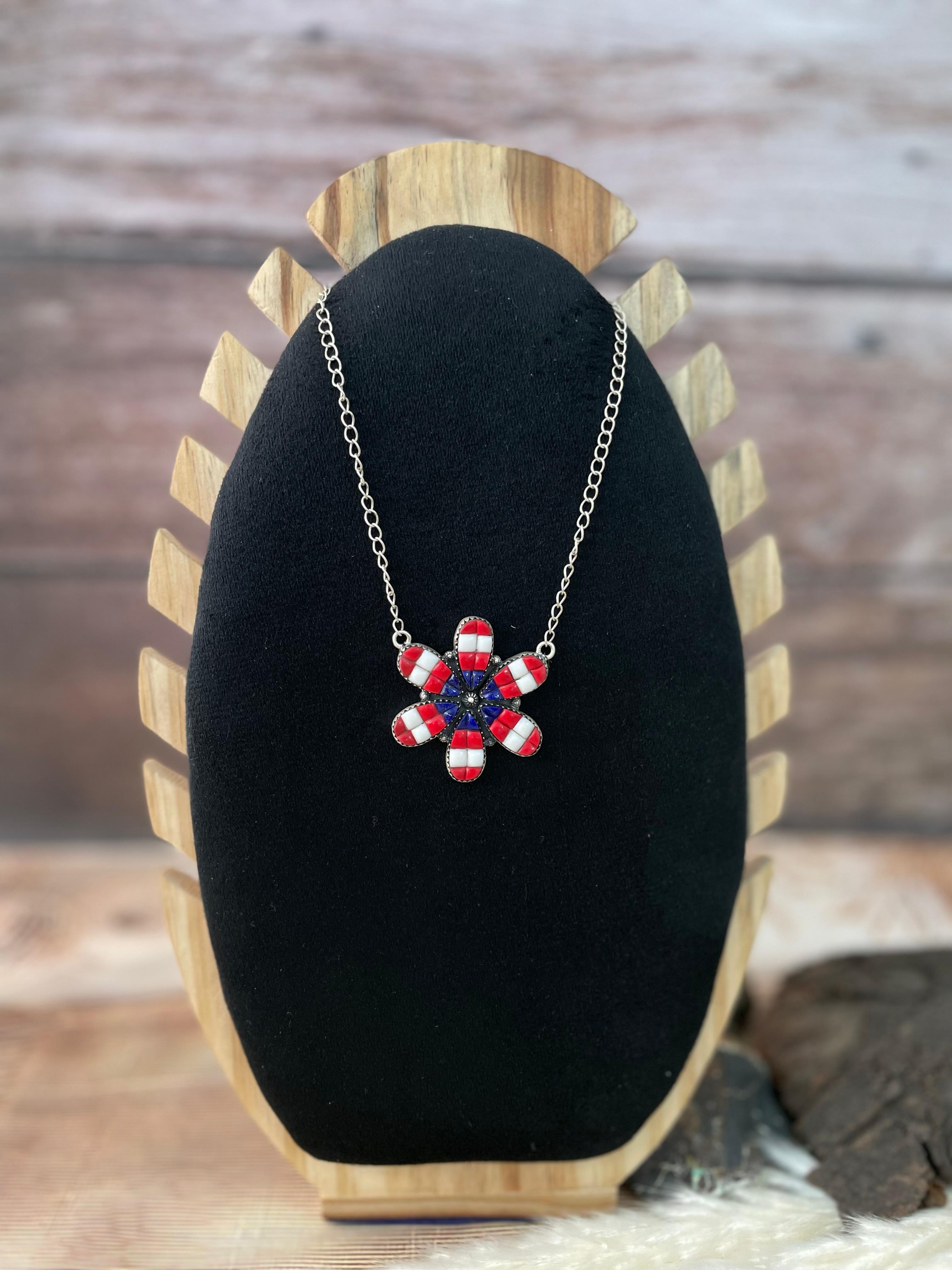 Handmade Sterling Silver 4th Of July Collection: Rosarita with Lapis and White Buffalo Necklace "Signed Nizhoni"