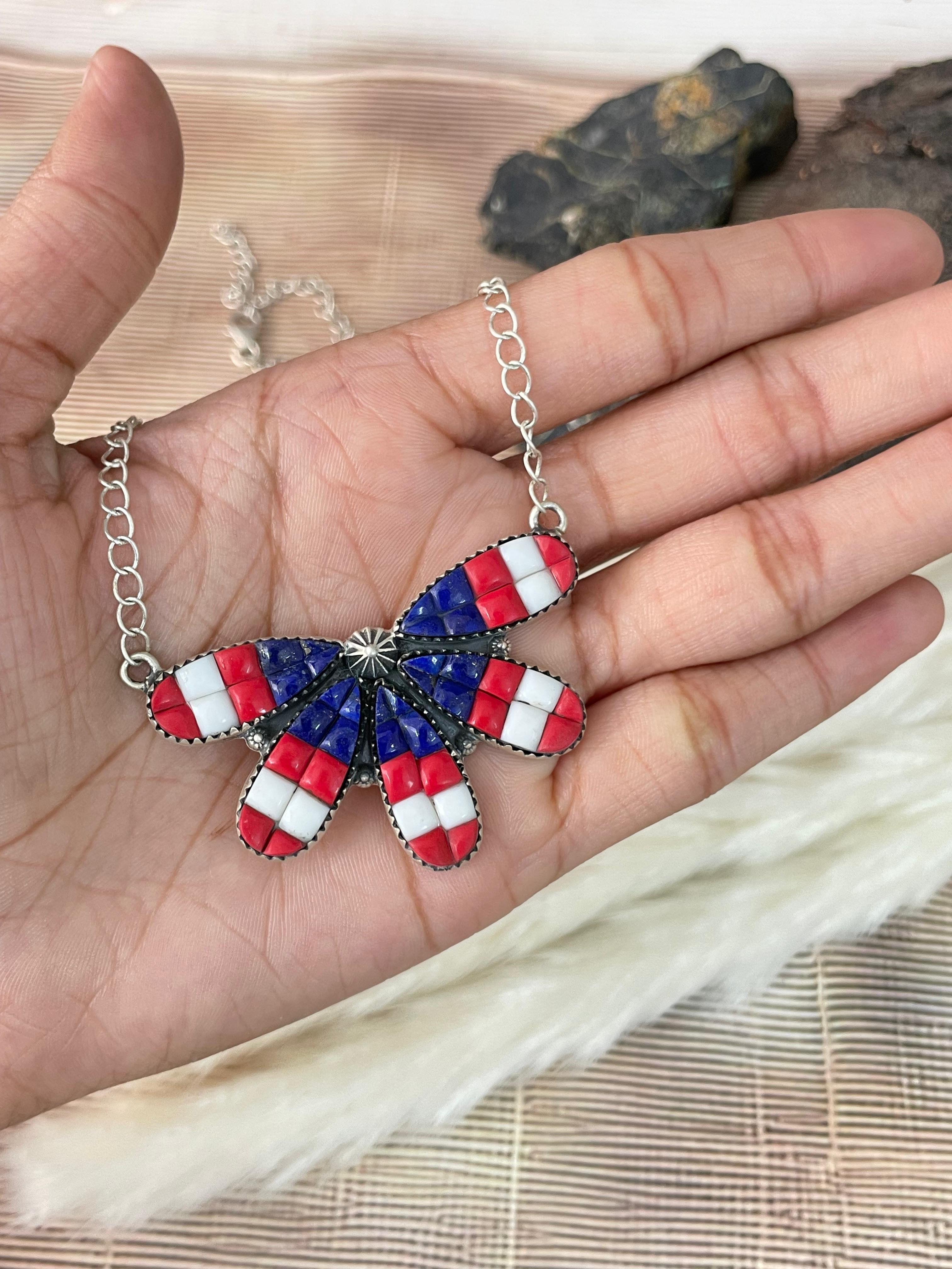 Handmade Sterling Silver 4th Of July Collection: Rosarita with Lapis and White Buffalo Necklace "Signed Nizhoni"