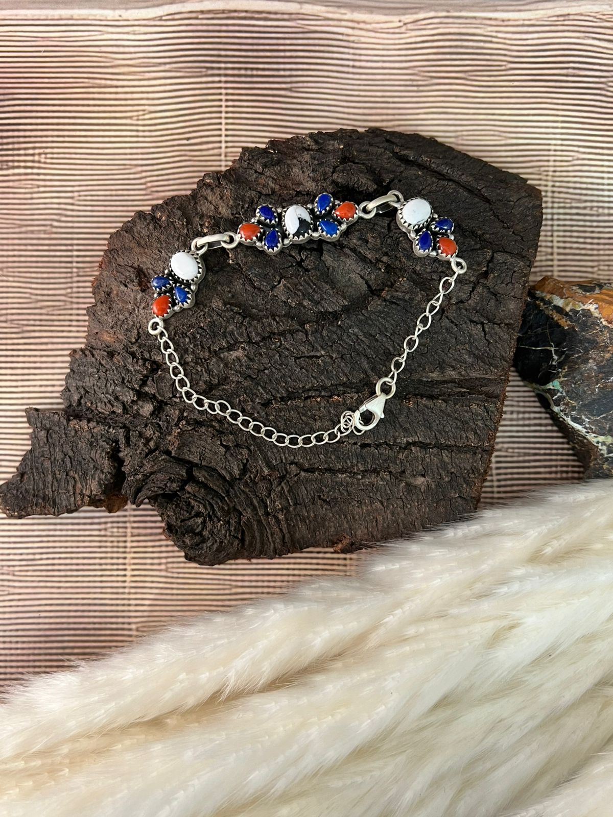 Handmade Sterling Silver 4th Of July Collection: Coral with Lapis and White Buffalo Bracelet "Signed Nizhoni"
