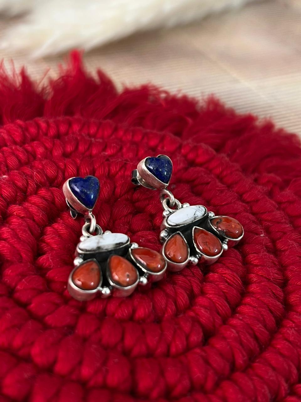 Handmade Sterling Silver 4th Of July Collection: Coral with Lapis and White Buffalo Post Dangle Earrings "Signed Nizhoni"