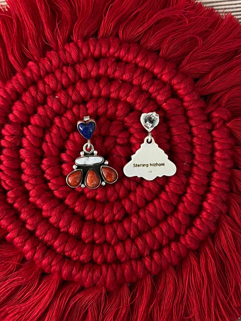 Handmade Sterling Silver 4th Of July Collection: Coral with Lapis and White Buffalo Post Dangle Earrings "Signed Nizhoni"