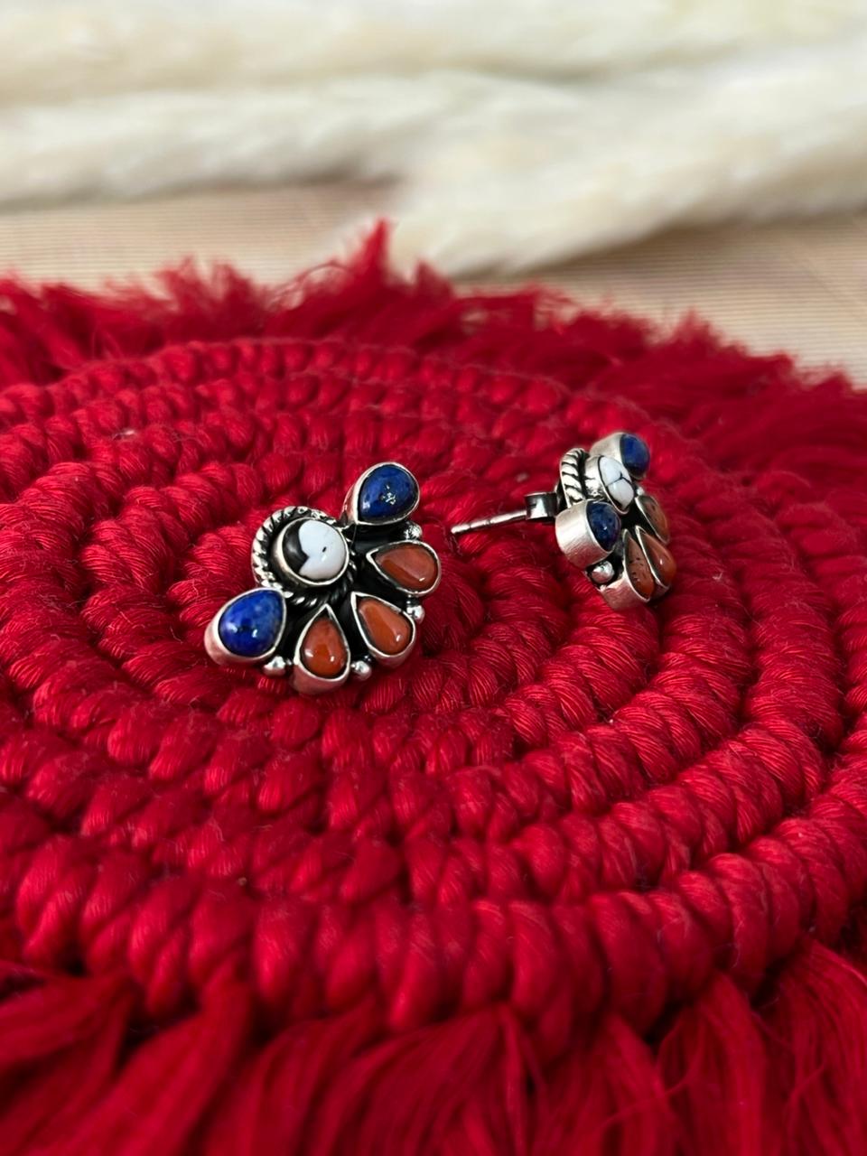 Handmade Sterling Silver 4th Of July Collection: Coral with Lapis and White Buffalo Post Studs Earrings "Signed Nizhoni"