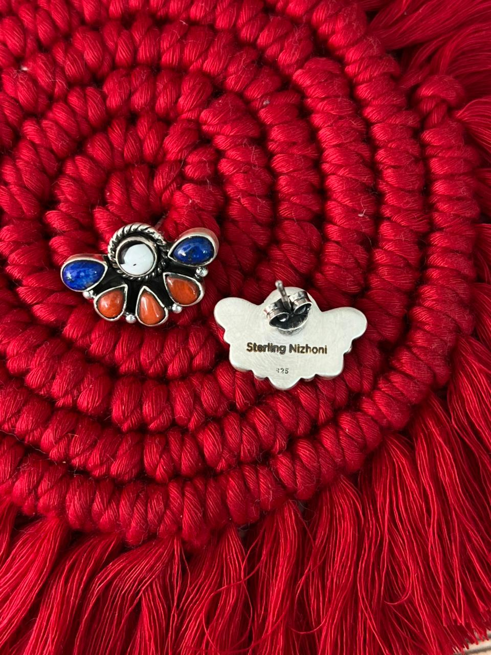 Handmade Sterling Silver 4th Of July Collection: Coral with Lapis and White Buffalo Post Studs Earrings "Signed Nizhoni"