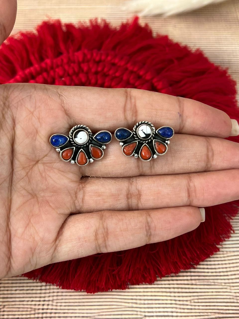 Handmade Sterling Silver 4th Of July Collection: Coral with Lapis and White Buffalo Post Studs Earrings "Signed Nizhoni"