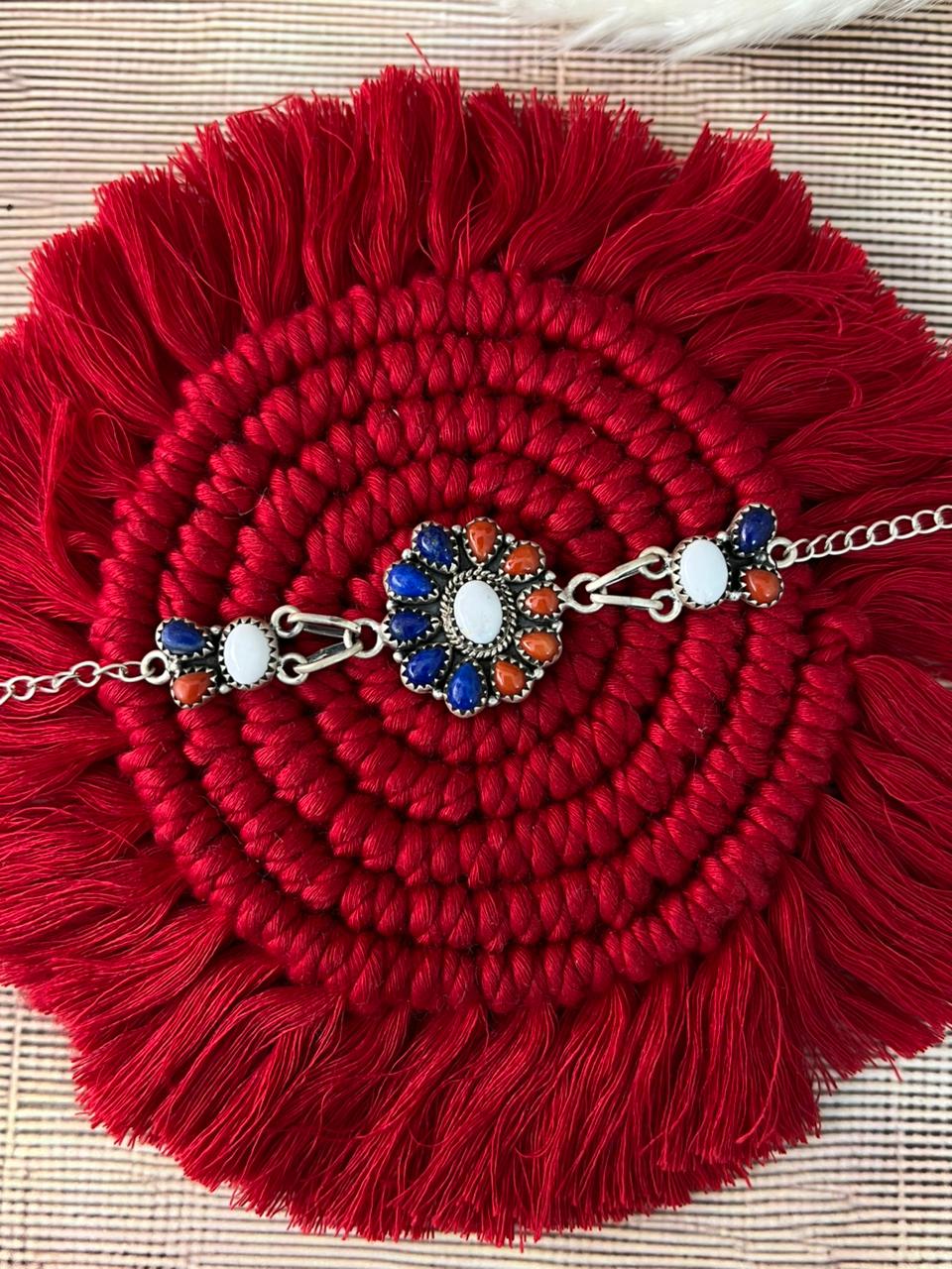 Handmade Sterling Silver 4th Of July Collection: Coral with Lapis and White Buffalo Bracelet "Signed Nizhoni"