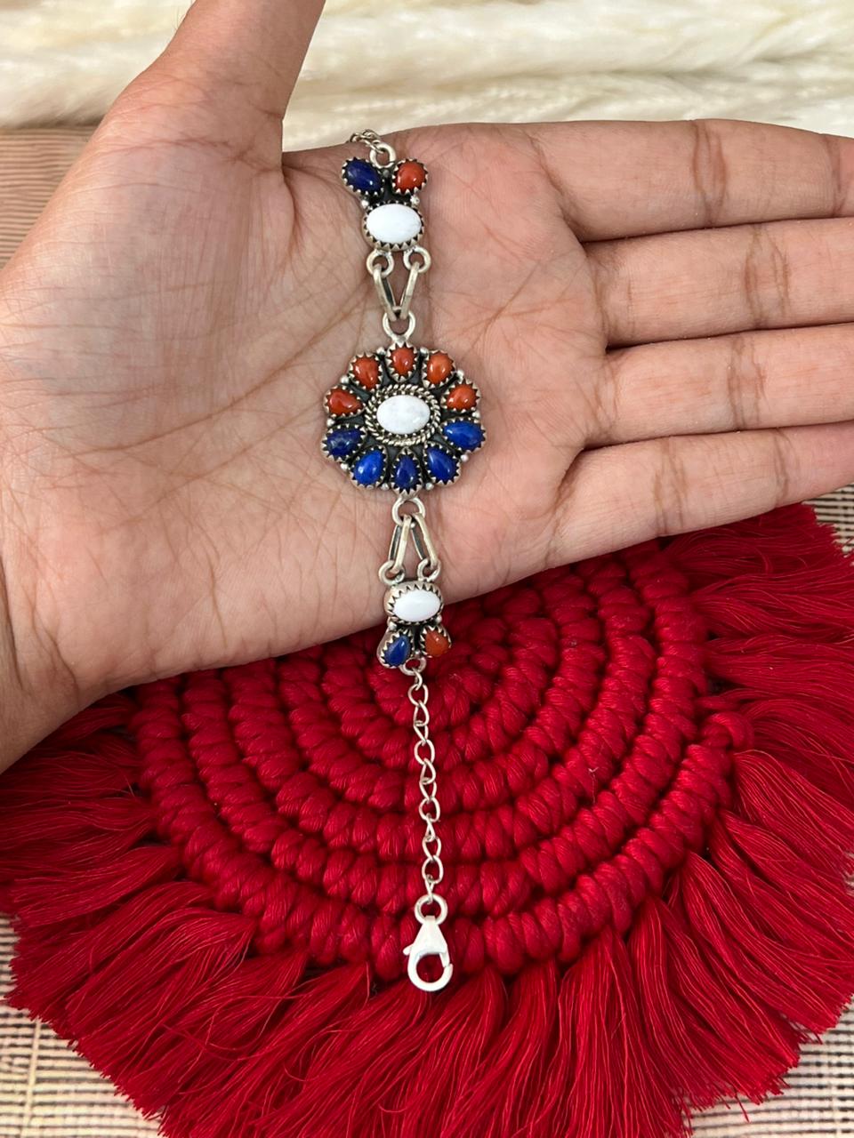 Handmade Sterling Silver 4th Of July Collection: Coral with Lapis and White Buffalo Bracelet "Signed Nizhoni"