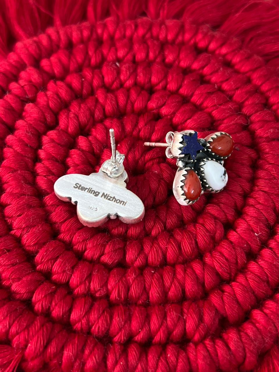 Handmade Sterling Silver 4th Of July Collection: Coral with Lapis and White Buffalo Post Studs Earrings "Signed Nizhoni"