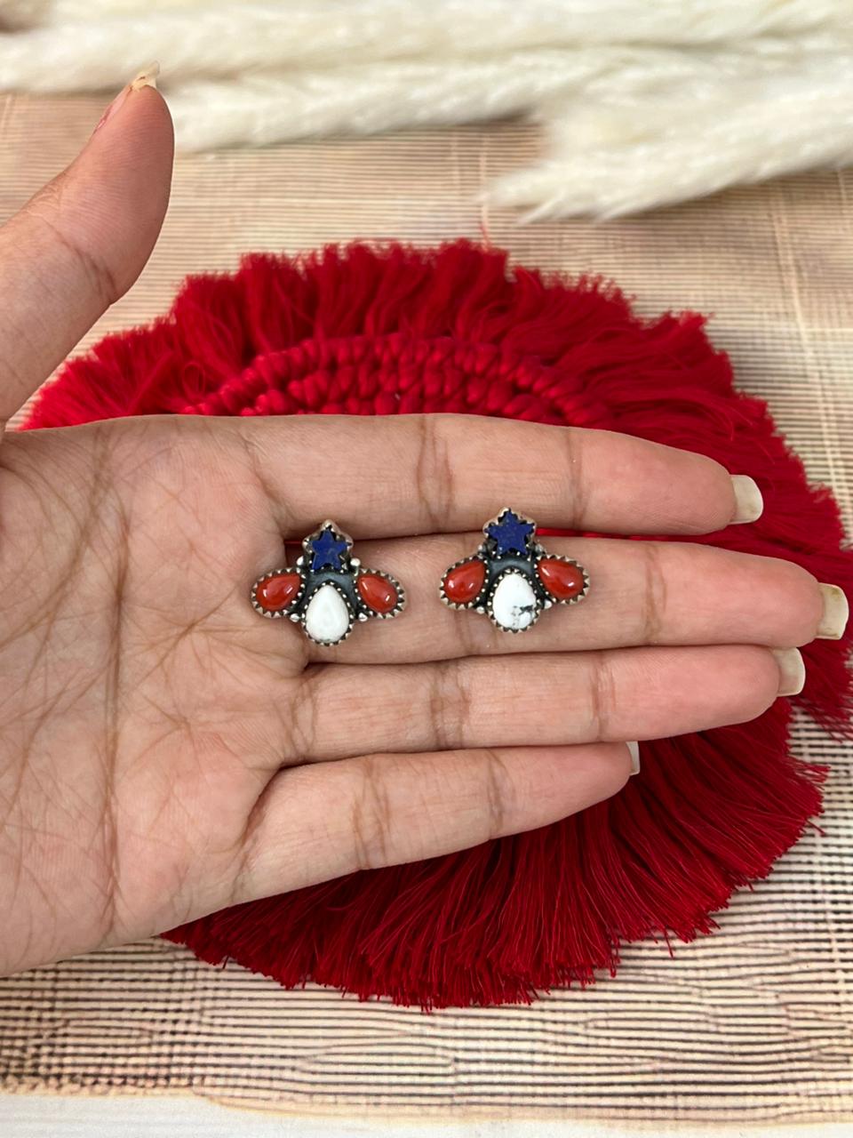 Handmade Sterling Silver 4th Of July Collection: Coral with Lapis and White Buffalo Post Studs Earrings "Signed Nizhoni"