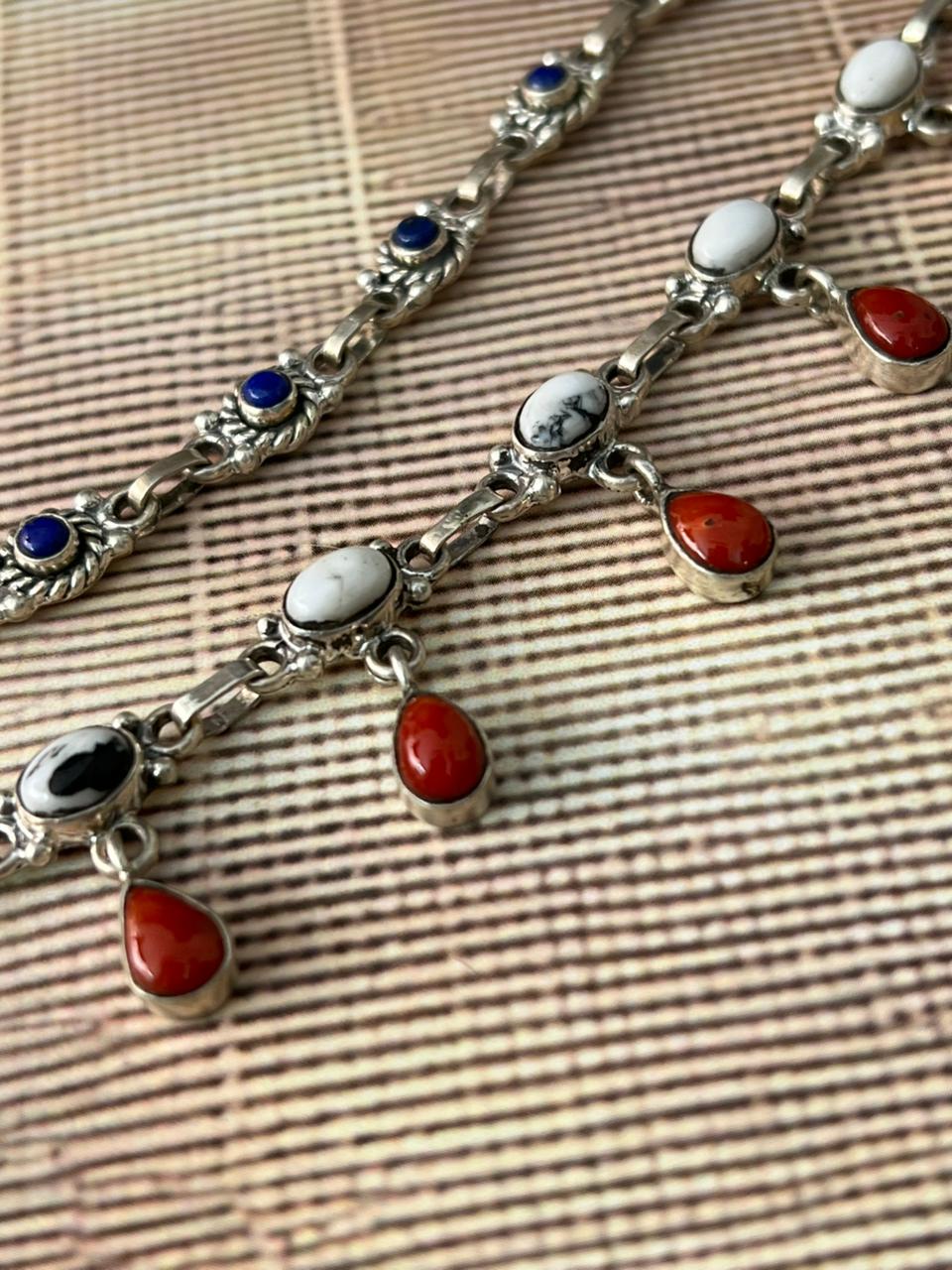 Handmade Sterling Silver 4th Of July Collection: Coral with Lapis and White Buffalo Purse Chain "Signed Nizhoni"