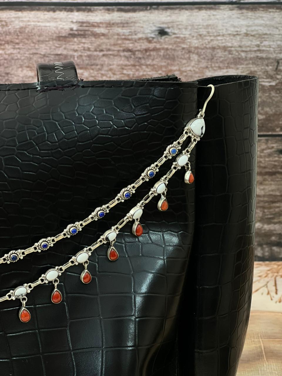 Handmade Sterling Silver 4th Of July Collection: Coral with Lapis and White Buffalo Purse Chain "Signed Nizhoni"