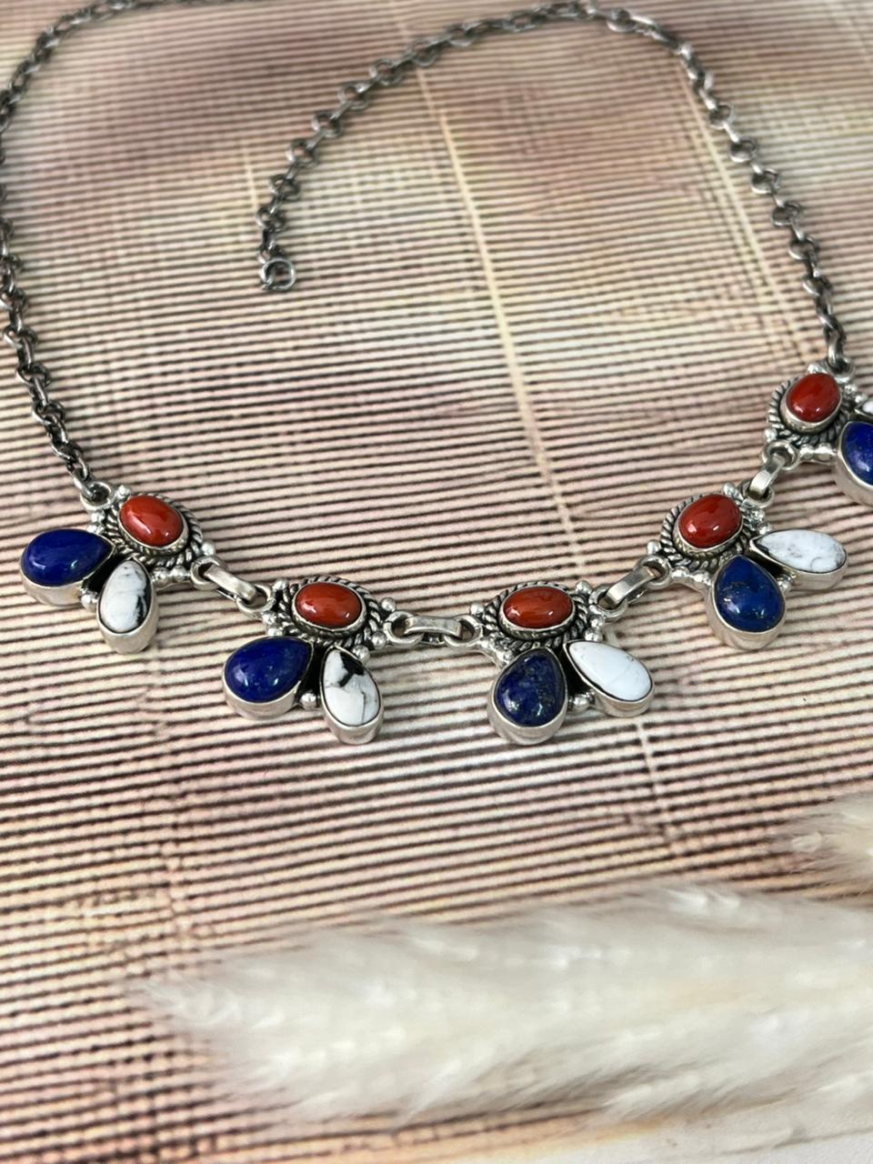Handmade Sterling Silver 4th Of July Collection: Coral with Lapis and White Buffalo Choker Necklace "Signed Nizhoni"