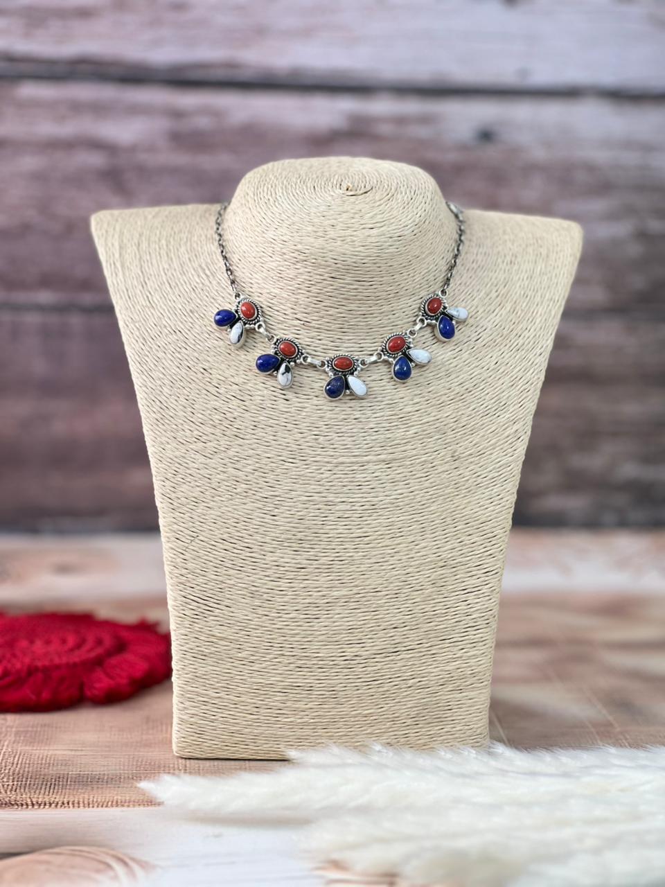 Handmade Sterling Silver 4th Of July Collection: Coral with Lapis and White Buffalo Choker Necklace "Signed Nizhoni"
