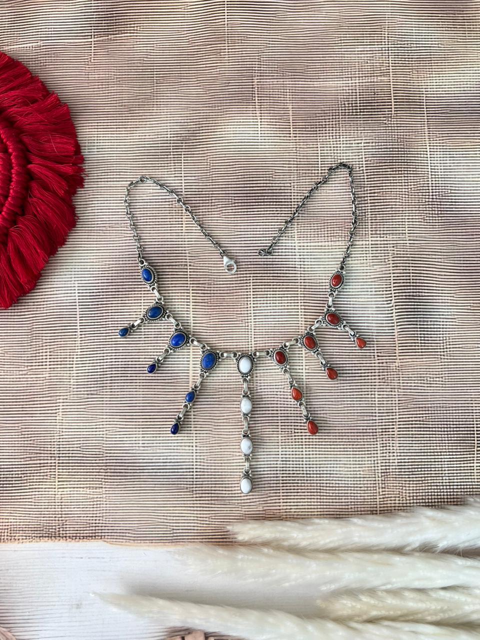 Handmade Sterling Silver 4th Of July Collection: Coral with Lapis and White Buffalo Choker Necklace "Signed Nizhoni"