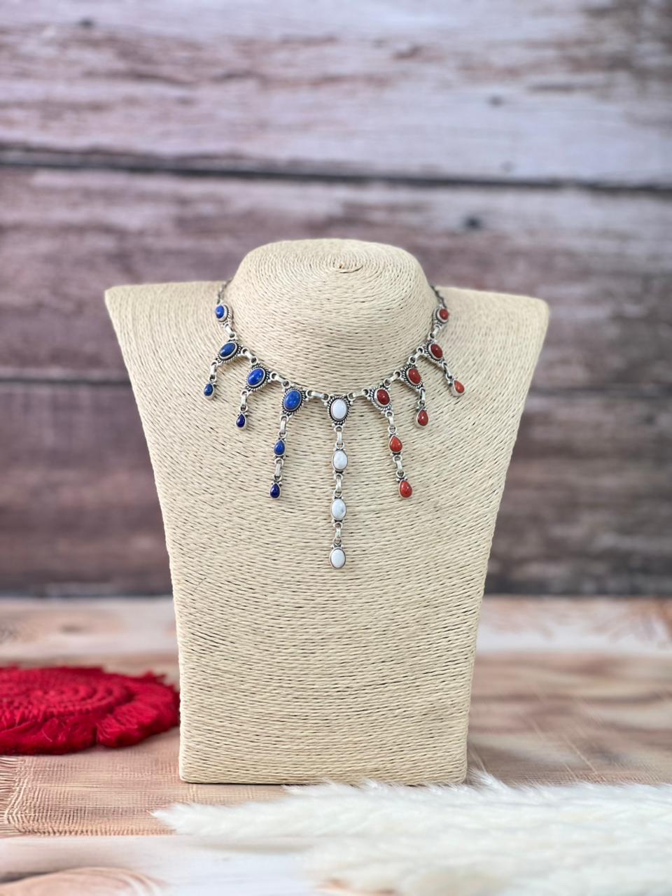 Handmade Sterling Silver 4th Of July Collection: Coral with Lapis and White Buffalo Choker Necklace "Signed Nizhoni"