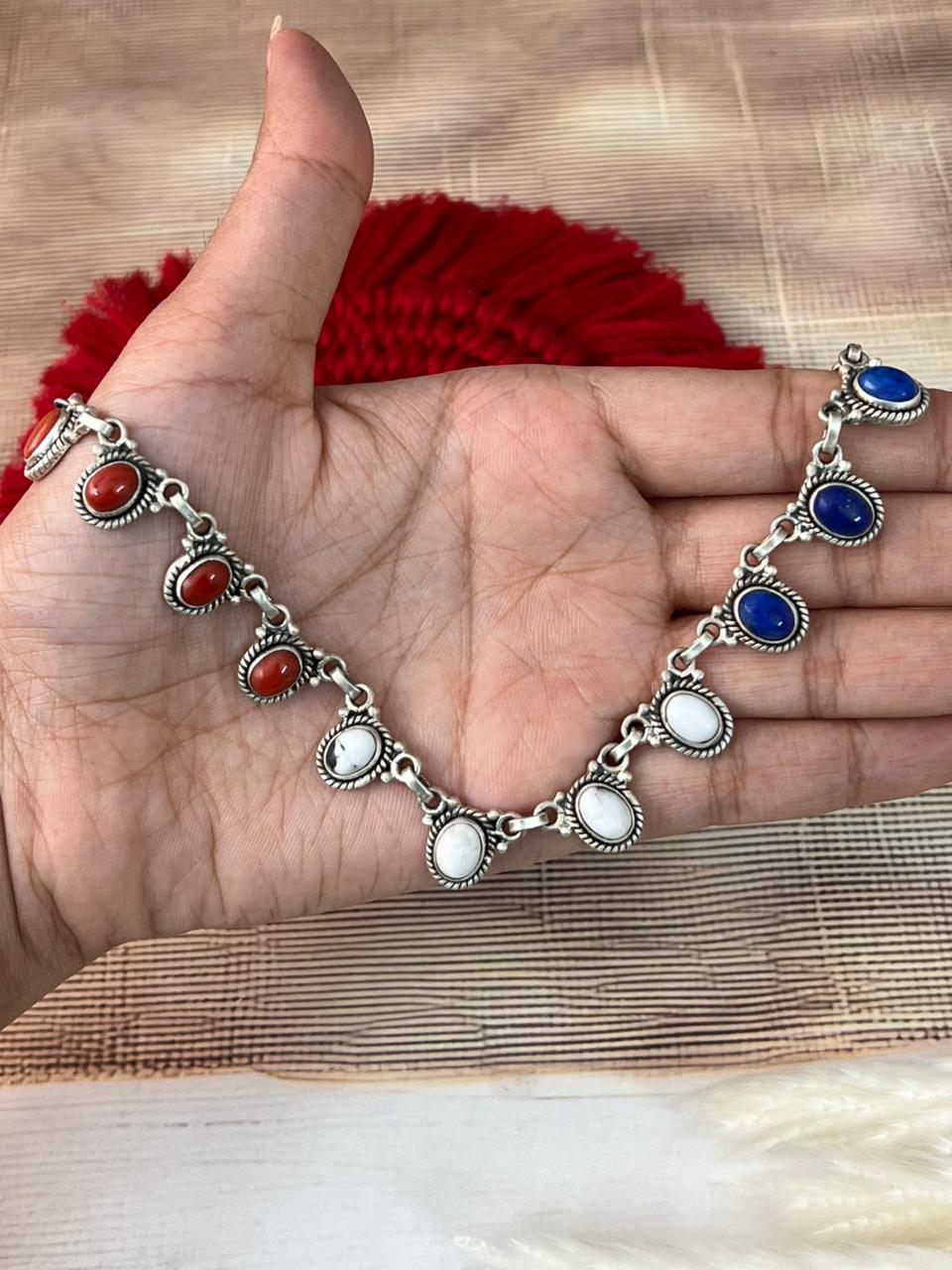 Handmade Sterling Silver 4th Of July Collection: Coral with Lapis and White Buffalo Choker Necklace "Signed Nizhoni"