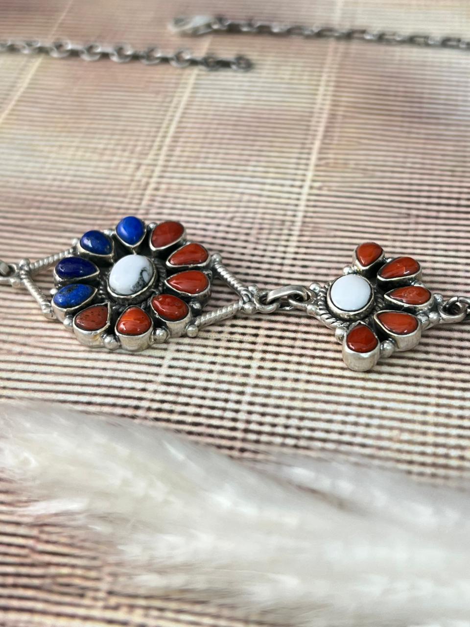 Handmade Sterling Silver 4th Of July Collection: Coral with Lapis and White Buffalo Choker Necklace "Signed Nizhoni"