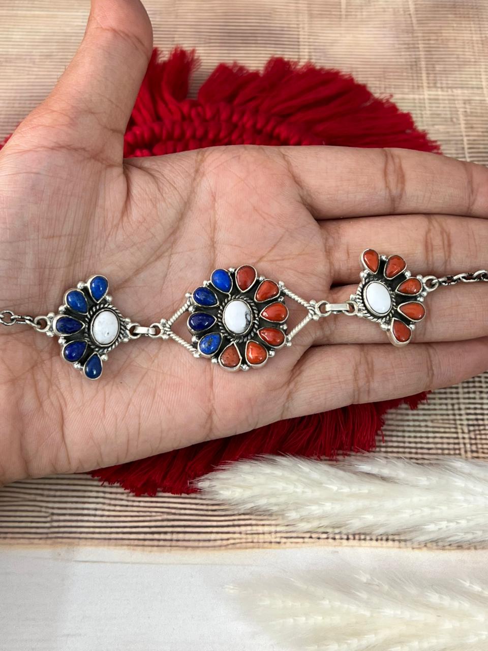 Handmade Sterling Silver 4th Of July Collection: Coral with Lapis and White Buffalo Choker Necklace "Signed Nizhoni"