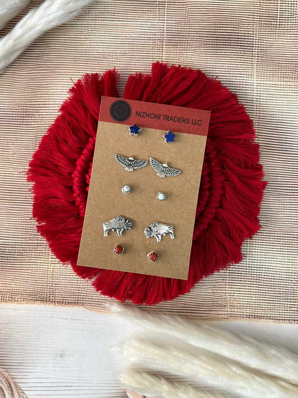 Handmade Sterling Silver 4th Of July Collection: Coral with Lapis and White Buffalo Post Studs Earrings Card Set