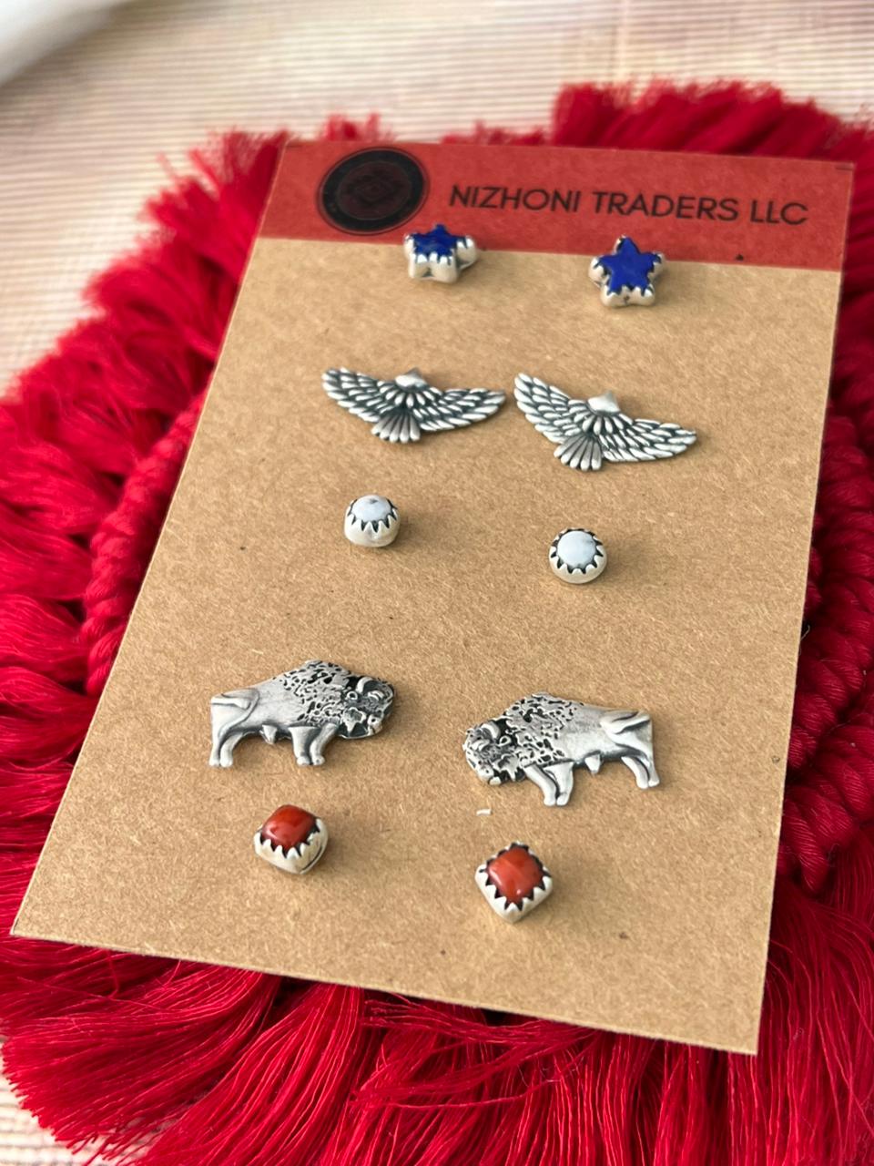 Handmade Sterling Silver 4th Of July Collection: Coral with Lapis and White Buffalo Post Studs Earrings Card Set