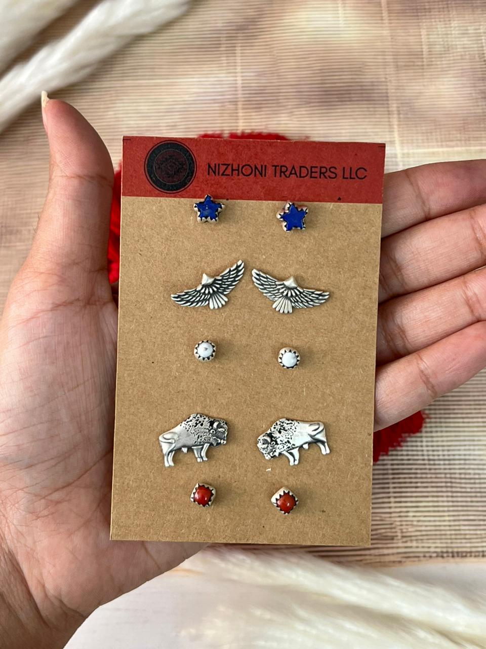 Handmade Sterling Silver 4th Of July Collection: Coral with Lapis and White Buffalo Post Studs Earrings Card Set