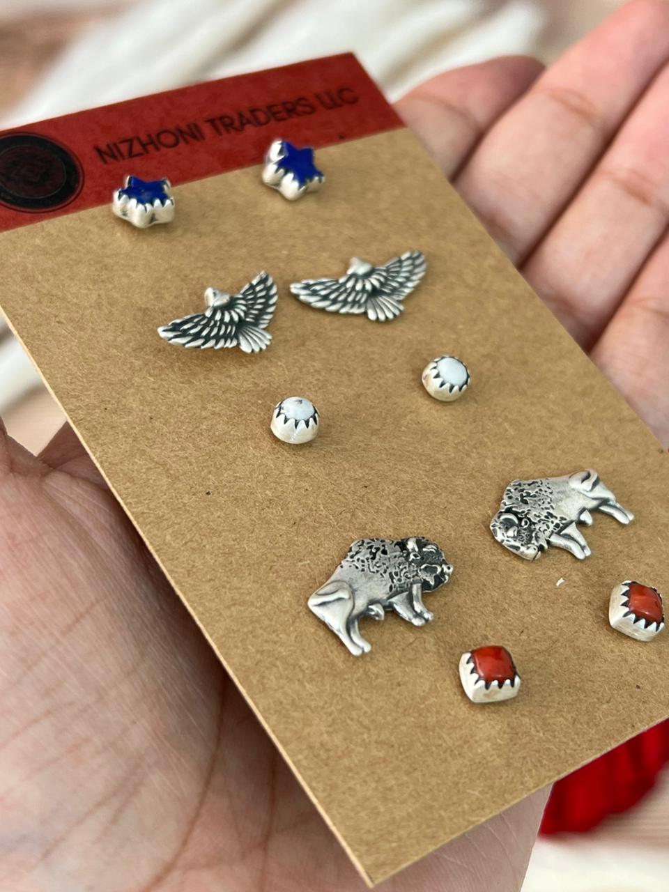 Handmade Sterling Silver 4th Of July Collection: Coral with Lapis and White Buffalo Post Studs Earrings Card Set