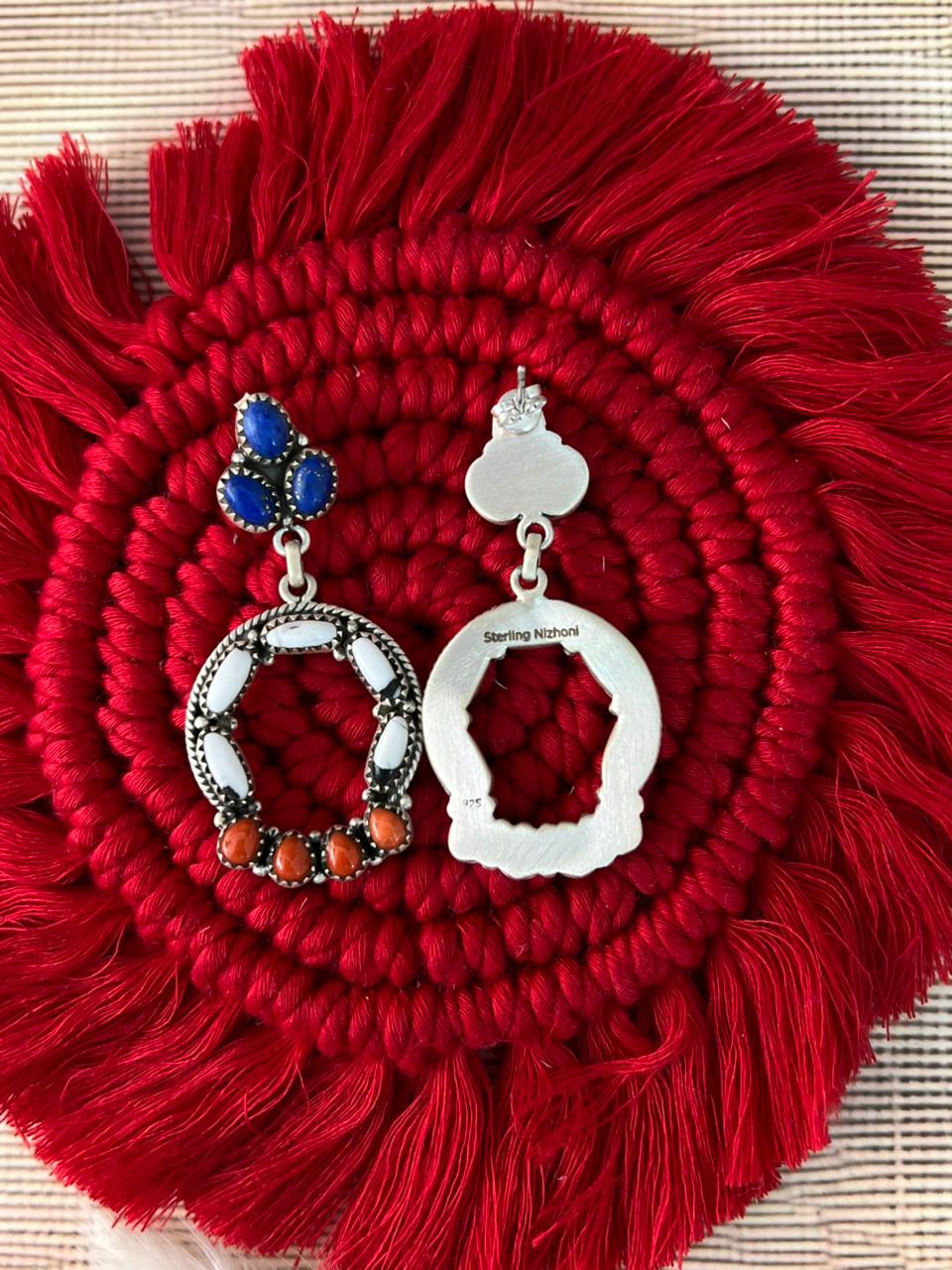 Handmade Sterling Silver 4th Of July Collection: Coral with Lapis and White Buffalo Post Dangle Earrings "Signed Nizhoni"