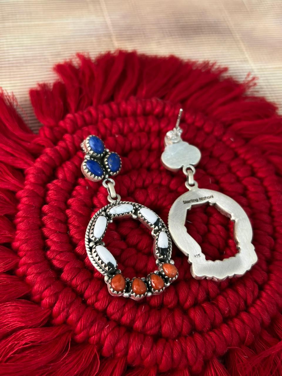 Handmade Sterling Silver 4th Of July Collection: Coral with Lapis and White Buffalo Post Dangle Earrings "Signed Nizhoni"