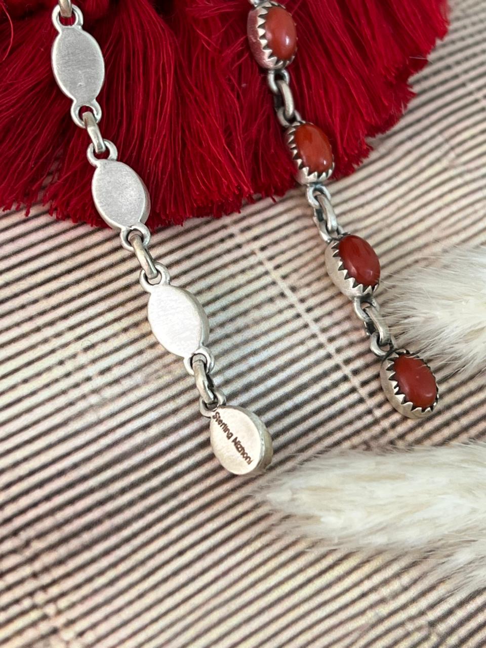 Handmade Sterling Silver 4th Of July Collection: Coral with Lapis and White Buffalo Post Dangle Earrings "Signed Nizhoni"