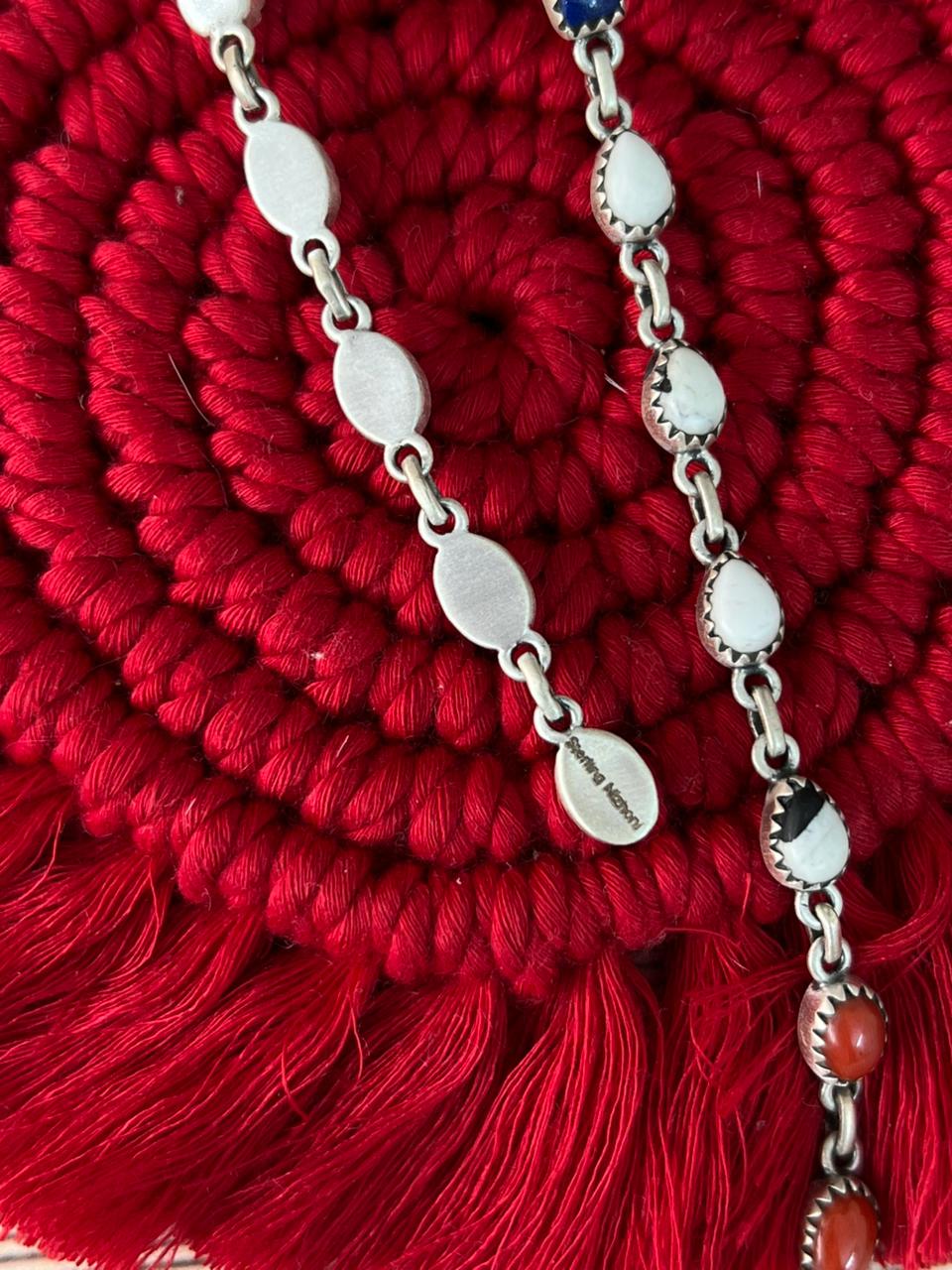Handmade Sterling Silver 4th Of July Collection: Coral with Lapis and White Buffalo Post Dangle Earrings "Signed Nizhoni"