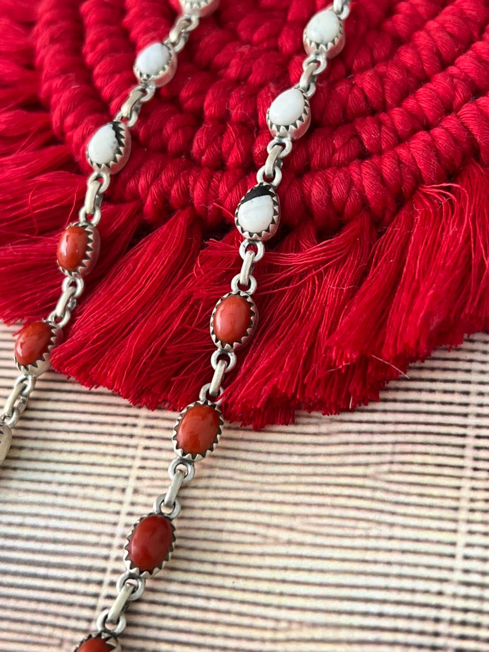 Handmade Sterling Silver 4th Of July Collection: Coral with Lapis and White Buffalo Post Dangle Earrings "Signed Nizhoni"