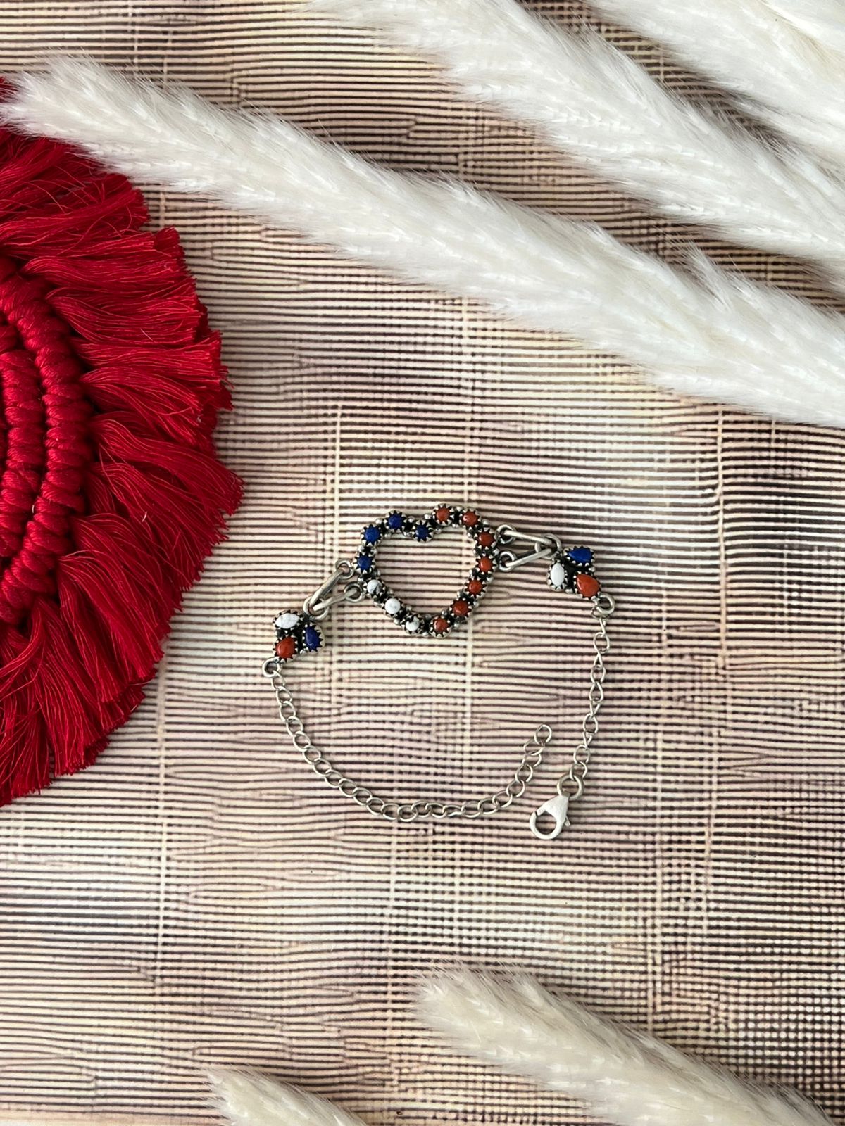 Handmade Sterling Silver 4th Of July Collection: Coral with Lapis and White Buffalo Heart Bracelet "Signed Nizhoni"