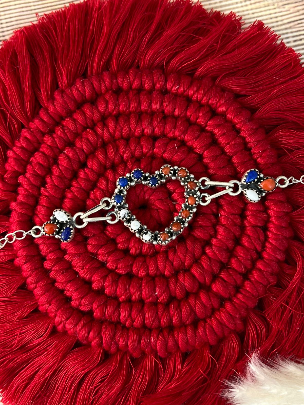 Handmade Sterling Silver 4th Of July Collection: Coral with Lapis and White Buffalo Heart Bracelet "Signed Nizhoni"