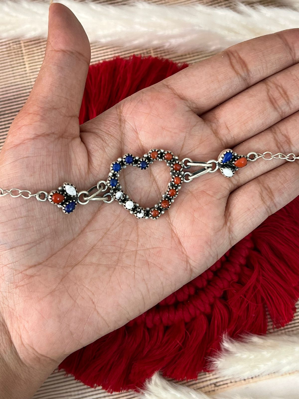 Handmade Sterling Silver 4th Of July Collection: Coral with Lapis and White Buffalo Heart Bracelet "Signed Nizhoni"