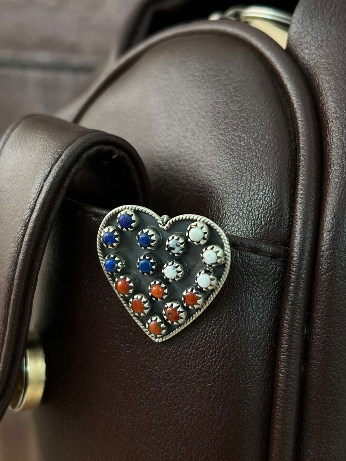 Handmade Sterling Silver 4th Of July Collection: Coral with Lapis and White Buffalo Heart Purse Pin "Signed Nizhoni"