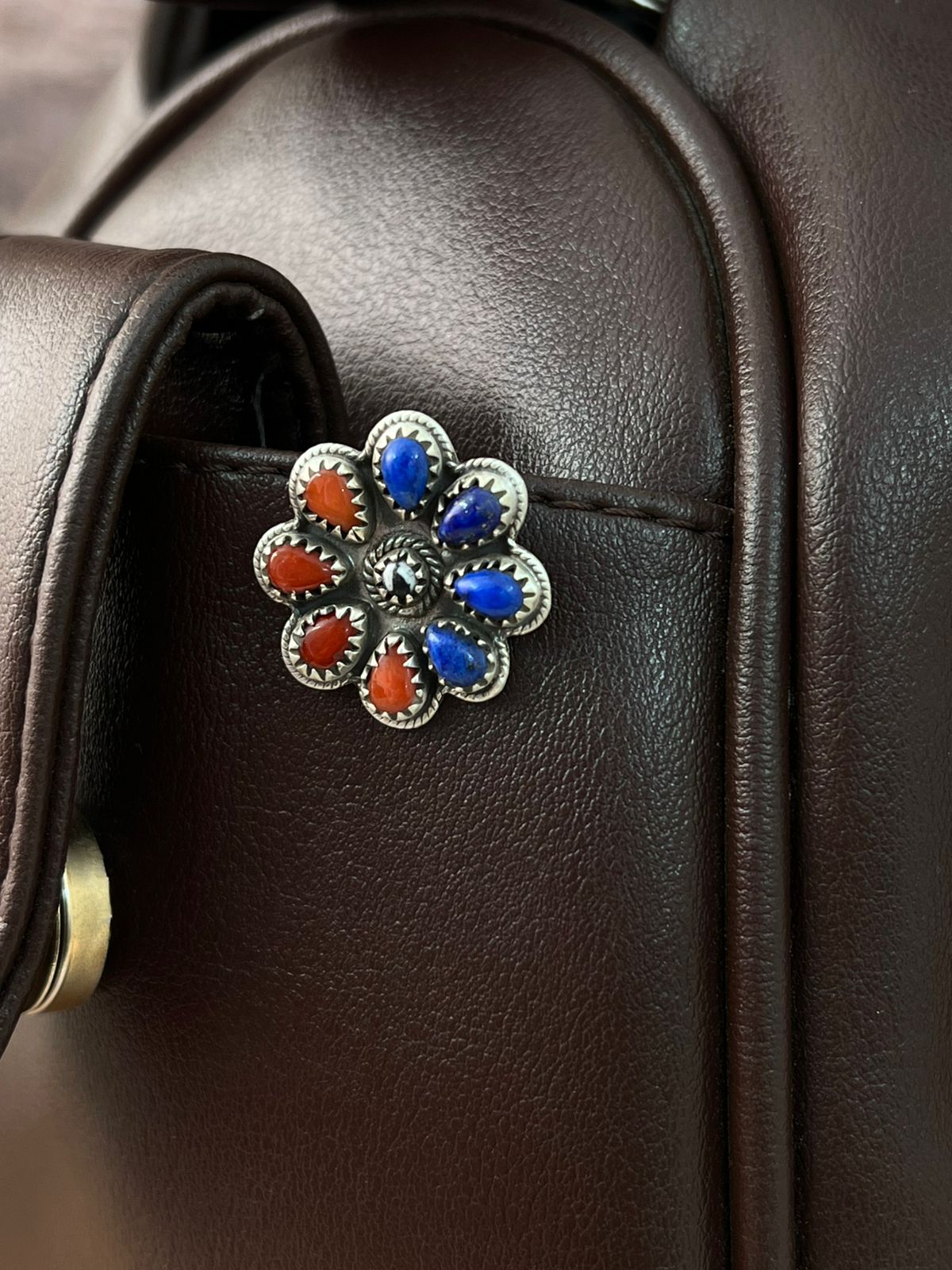 Handmade Sterling Silver 4th Of July Collection: Coral with Lapis and White Buffalo Purse Pin "Signed Nizhoni"